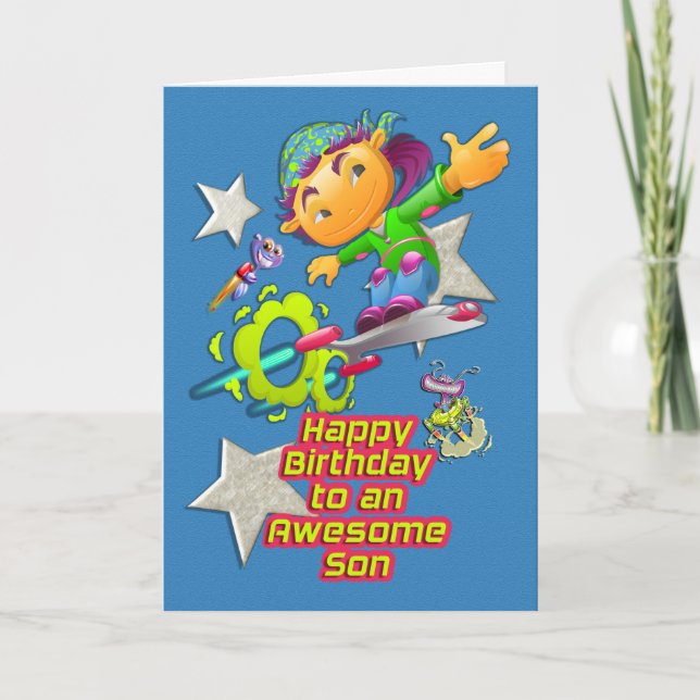 Tarjeta Felíz cumpleaños maravilloso hijo niño en Skateboa (Anverso)