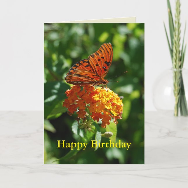 Tarjeta Feliz cumpleaños, mariposa del Golfo, Lantana (Anverso)