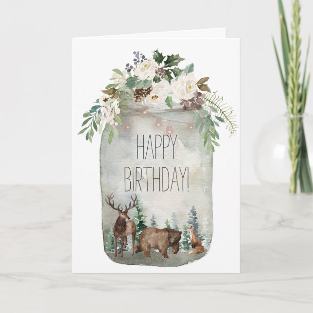 Tarjeta Feliz cumpleaños Mason Jar Woodland Floral Forest (Anverso)
