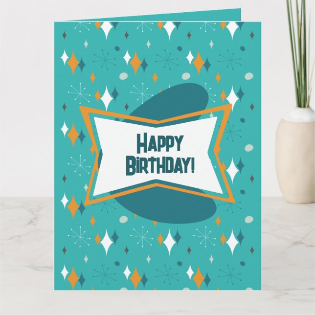 Tarjeta Feliz Cumpleaños, MCM Atomic Starburst Azul Turque (Anverso)