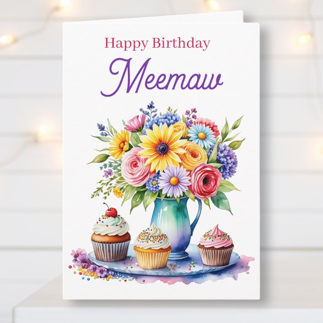 Tarjeta Feliz Cumpleaños Meemaw | Flores y Cupcakes (Subido por el creador)