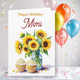 Tarjeta Feliz cumpleaños Mimi   Girasoles y magdalenas