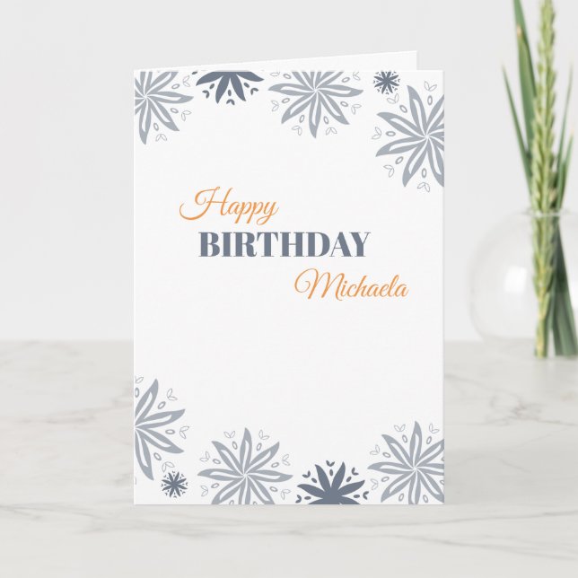 Tarjeta Feliz cumpleaños, Minimalista Naranja Gris Floral (Anverso)