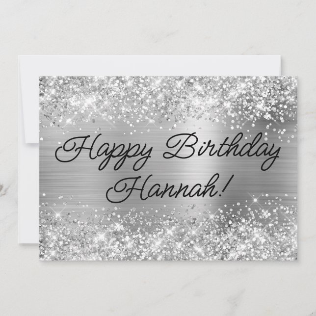 Tarjeta Feliz Cumpleaños Moderno con Purpurina Plateada (Anverso)