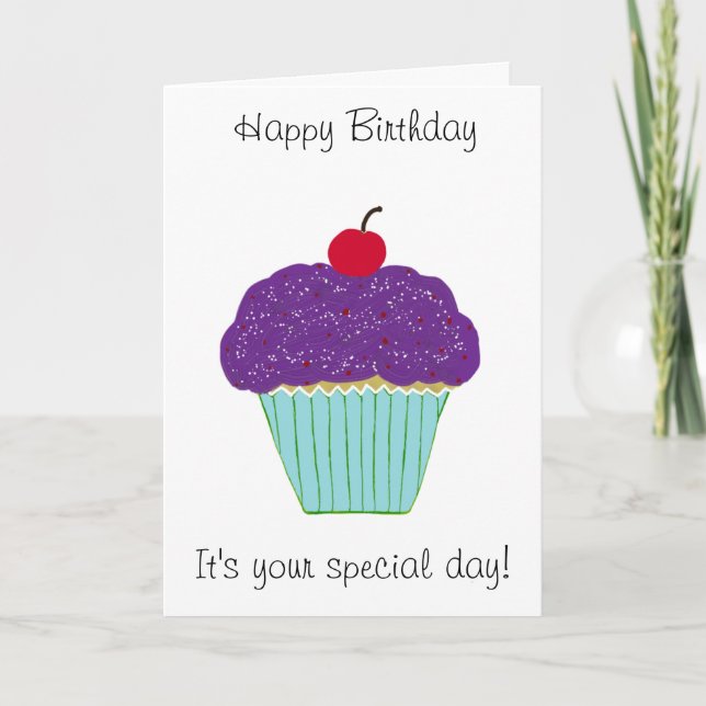 Tarjeta Feliz cumpleaños Morado Cupcake Cherry (Anverso)