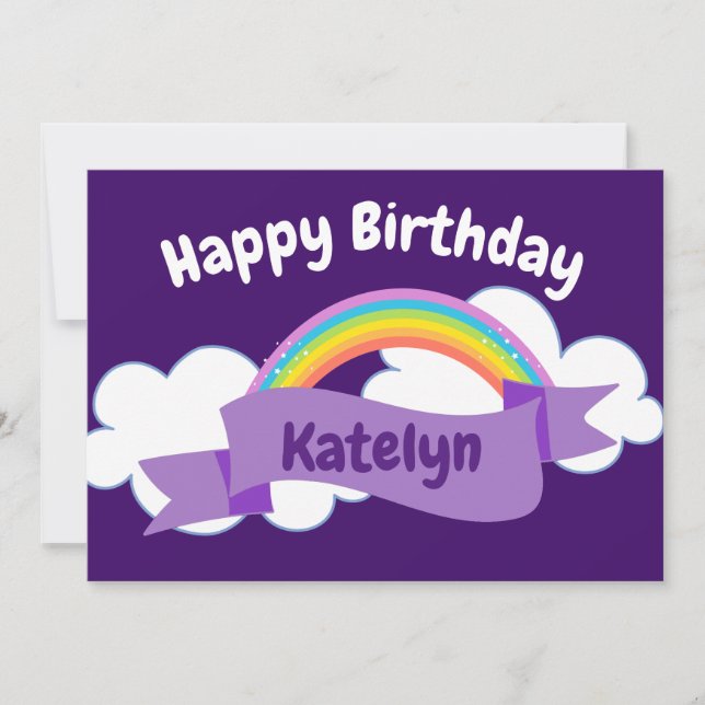 Tarjeta Feliz cumpleaños morado, la fiesta del arcoiris pe (Anverso)