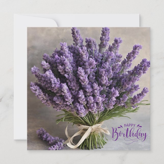 Tarjeta Feliz cumpleaños morado Lavanda Flores Bouquet (Anverso)