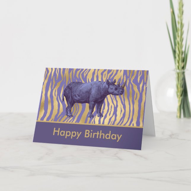 Tarjeta Feliz cumpleaños morado Rhinoceros Fiesta Animal (Anverso)