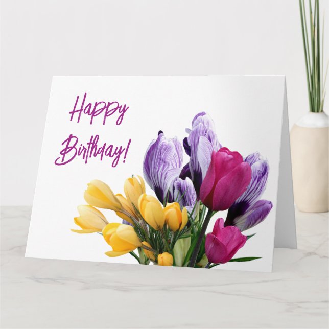 Tarjeta Feliz cumpleaños morado tulipán rosa amarillo páli (Anverso)