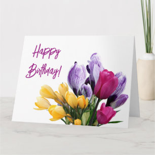 Tarjeta Feliz cumpleaños morado tulipán rosa amarillo páli