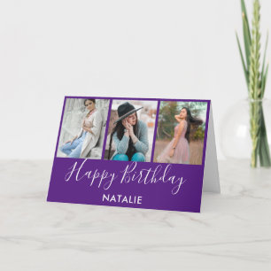 Tarjeta Feliz cumpleaños morado y blanco tres Collages de 