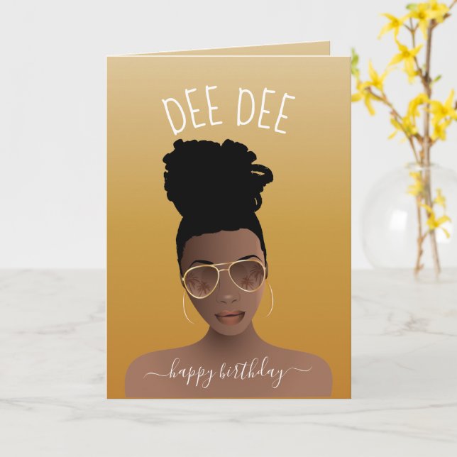 Tarjeta Feliz cumpleaños, mujer negra con amarillo dorado (flor amarilla)