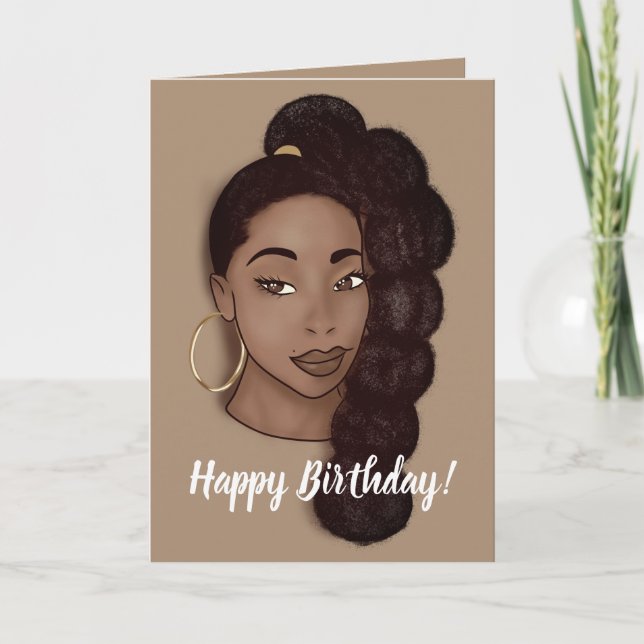 Tarjeta Feliz cumpleaños, mujer negra con cola larga, marr (Anverso)