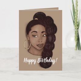 Tarjeta Feliz cumpleaños, mujer negra con cola larga, marr
