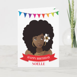 Tarjeta Feliz cumpleaños, mujer negra con flores, colorida