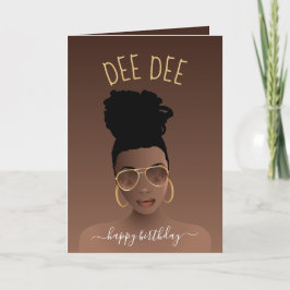 Tarjeta Feliz cumpleaños, mujer negra con tonos de oro, ma