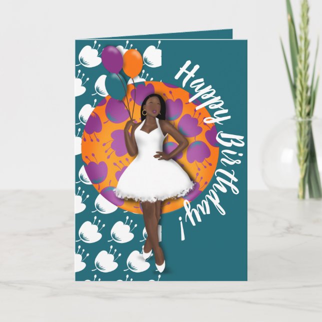 Tarjeta ¡Feliz cumpleaños! Mujer negra, globos y flores (Anverso)