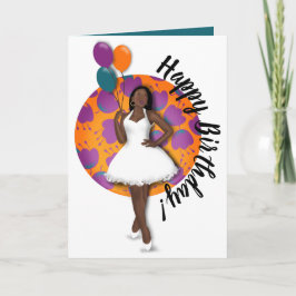 Tarjeta ¡Feliz cumpleaños! Mujer negra, globos y flores