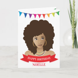 Tarjeta Feliz cumpleaños, mujer negra, pancarta colorida