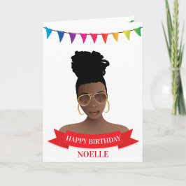 Tarjeta Feliz cumpleaños, mujer negra, pancarta colorida