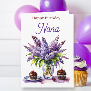 Tarjeta Feliz cumpleaños Nana Lilas y Magdalenas