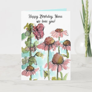 Tarjeta Feliz cumpleaños Nana Pink Wildflowers Watercolor