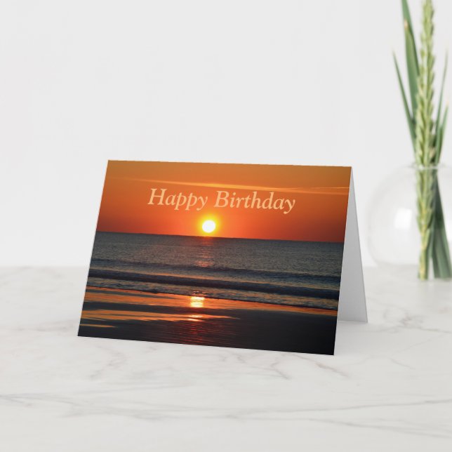 Tarjeta Feliz cumpleaños Naranja Sunrise en la playa (Anverso)