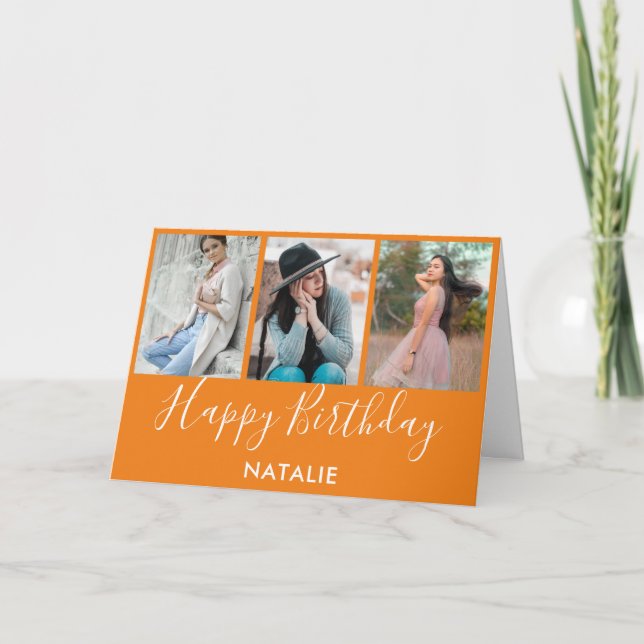 Tarjeta Feliz cumpleaños Naranja y Collage de fotos blanco (Anverso)