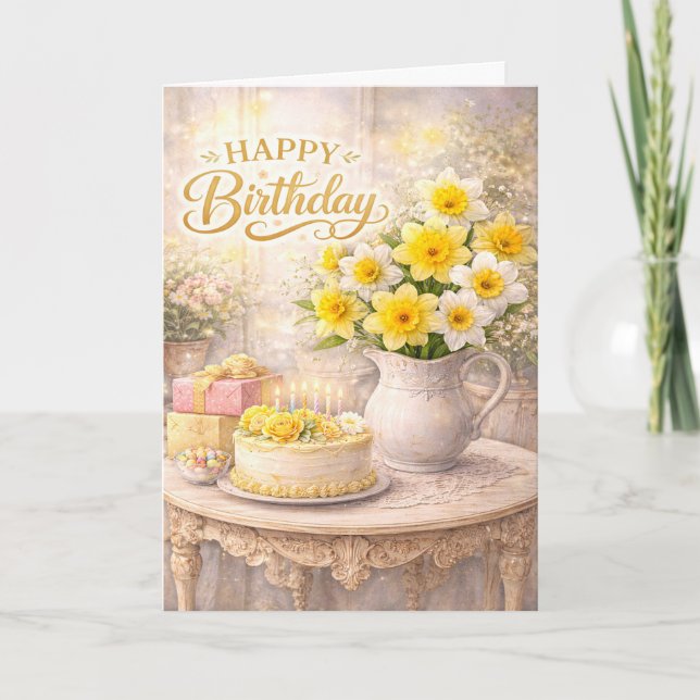 Tarjeta Feliz Cumpleaños Narcisos Dorados (Anverso)