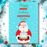 Tarjeta Feliz cumpleaños Navidades Santa Sister<br><div class="desc">¡Celebra el cumpleaños de los Navidades de tu hermana con una tarjeta que brilla de alegría! Santa Claus lleva una tarta de cumpleaños festiva, reuniendo la magia de los Navidades y la felicidad de su día especial. Una manera alegre de mostrarle a su nieta lo amada que es durante esta...</div>