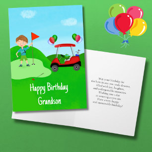 Tarjeta Feliz cumpleaños, nieto, chico golfer en campo de 