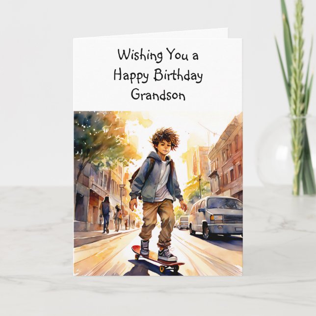 Tarjeta Feliz Cumpleaños Nieto | Skateboarder (Anverso)