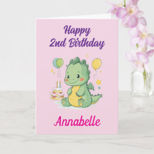 Tarjeta Feliz cumpleaños niña 2 años, Dragón Personalizado
