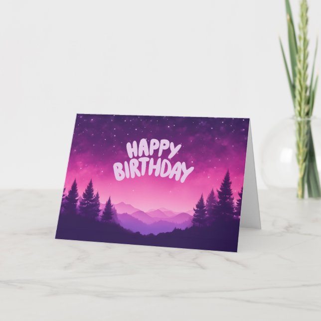 Tarjeta Feliz cumpleaños noche estrellada, montañas, bosqu (Anverso)