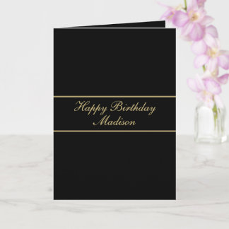 Tarjeta Feliz Cumpleaños Nombre en Guión Negro Oro