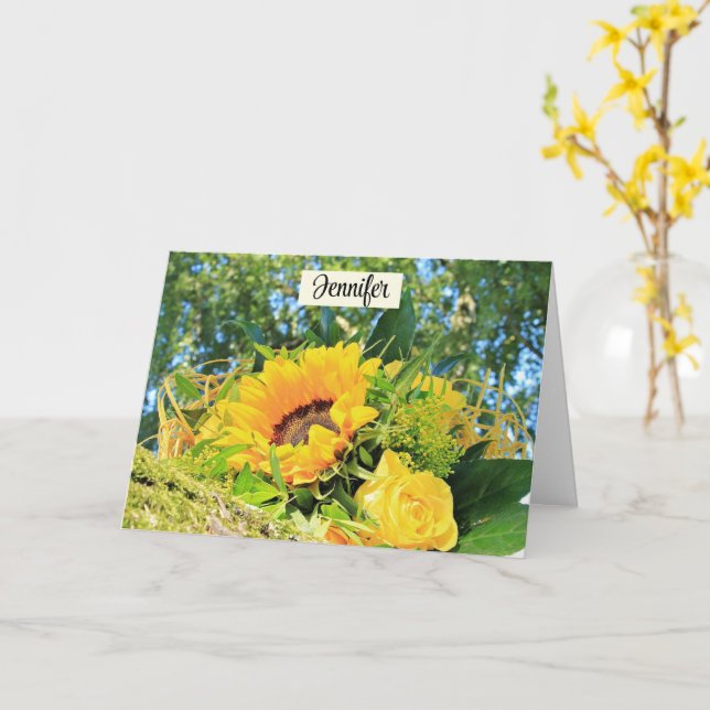 Tarjeta Feliz cumpleaños nombre personalizado de girasol (flor amarilla)