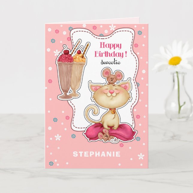 Tarjeta Feliz cumpleaños.Nombre personalizado | Gatitos y  (Planta pequeña)