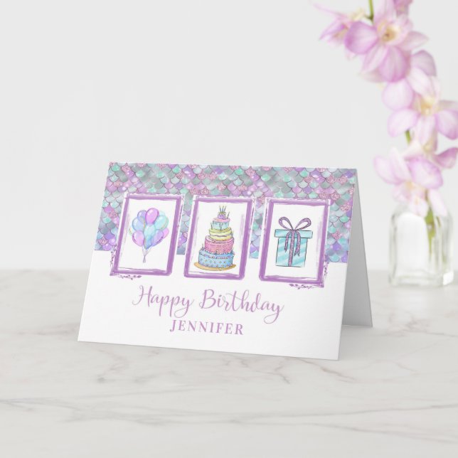 Tarjeta Feliz cumpleaños nombre personalizado morado moder (Orquídea)