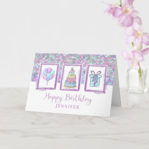 Tarjeta Feliz cumpleaños nombre personalizado morado moder