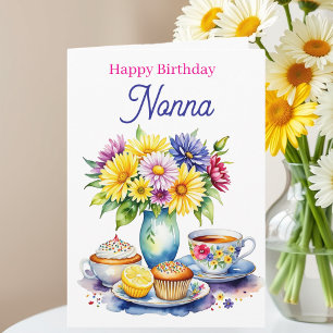 Tarjeta Feliz Cumpleaños Nonna   Flores y Cupcakes