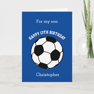 Tarjeta Feliz cumpleaños número 13 hijo fútbol azul