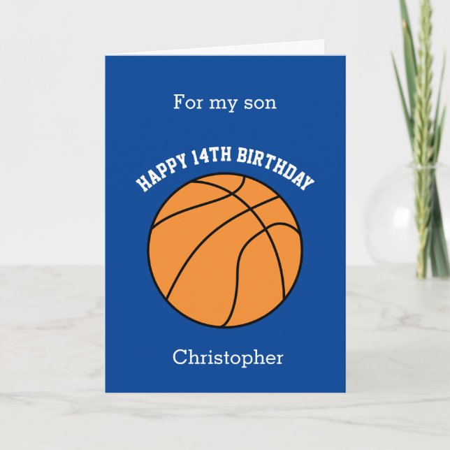 Tarjeta Feliz cumpleaños número 14 hijo Baloncesto Azul (Anverso)