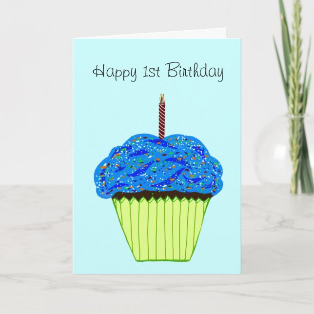 Tarjeta Feliz cumpleaños número 1 Blue Cupcake CUALQUIER E (Anverso)