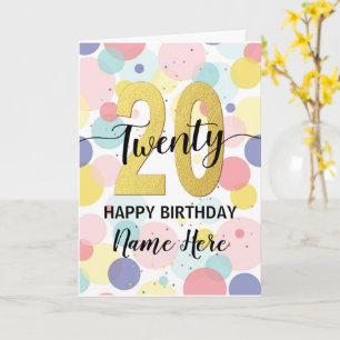 Tarjeta Feliz cumpleaños número 20 Pastel Arcoiris y Chica