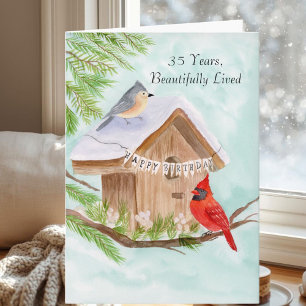 Tarjeta Feliz cumpleaños número 35 pájaros en la pajarera