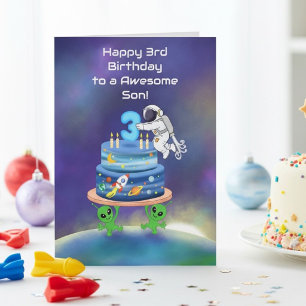 Tarjeta Feliz cumpleaños número 3 Astronauta con aliens ge