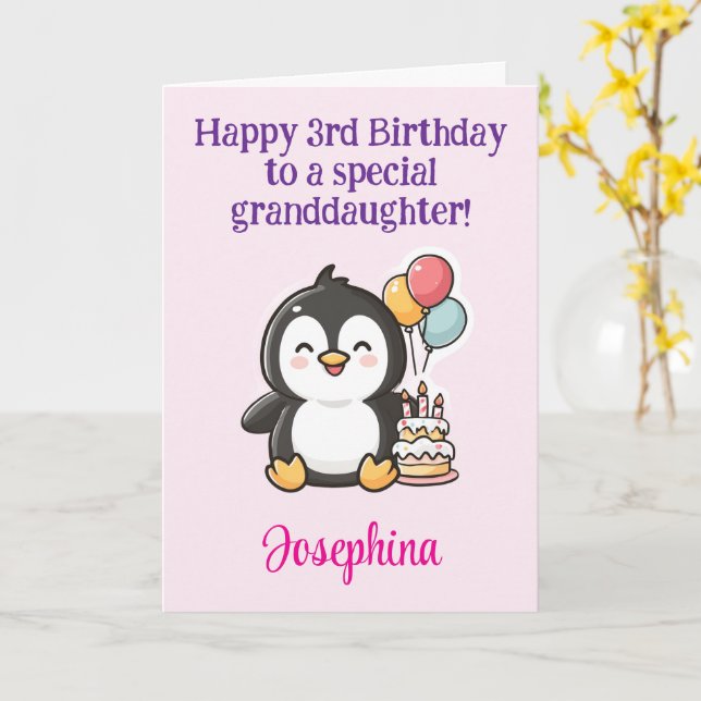 Tarjeta Feliz cumpleaños número 3 nieta, Pingüino  (flor amarilla)