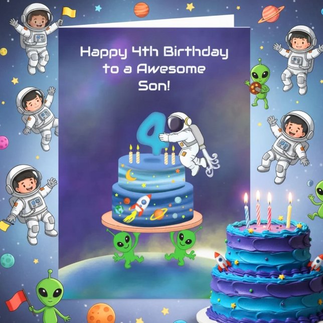 Tarjeta Feliz cumpleaños número 4 Astronauta con pastel (Subido por el creador)