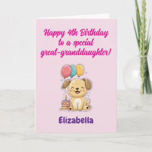 Tarjeta Feliz cumpleaños número 4 bisnieta, cachorro adora