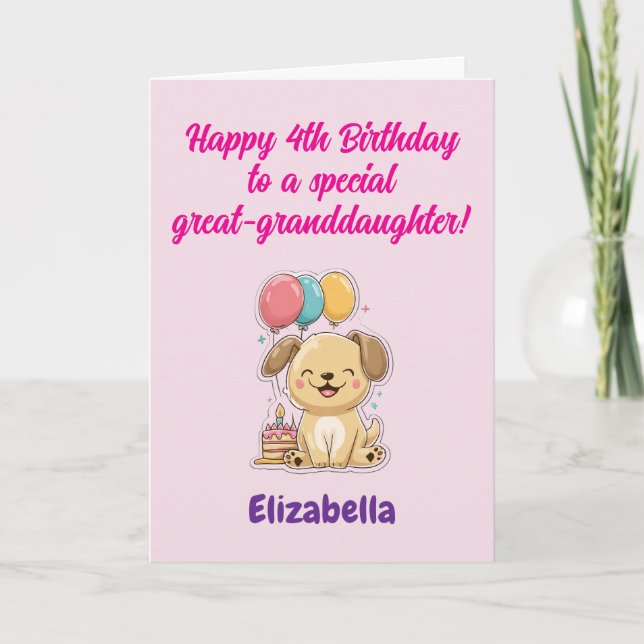 Tarjeta Feliz cumpleaños número 4 bisnieta, cachorro adora (Anverso)